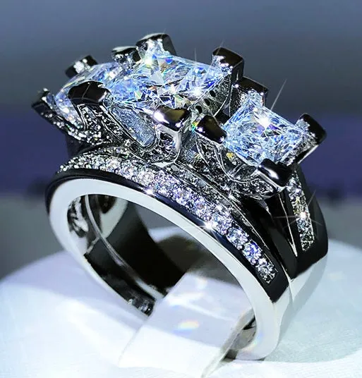 Bling Silver Square Paved Three-stone Wedding Ring Set