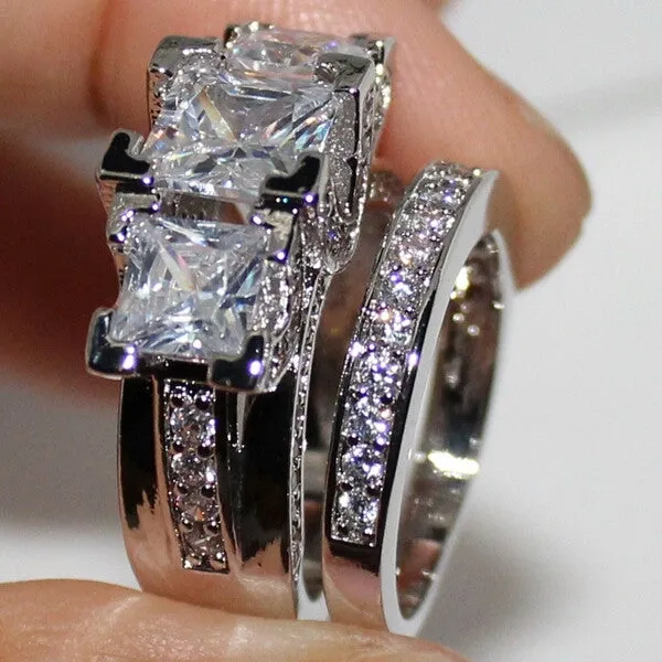 Bling Silver Square Paved Three-stone Wedding Ring Set