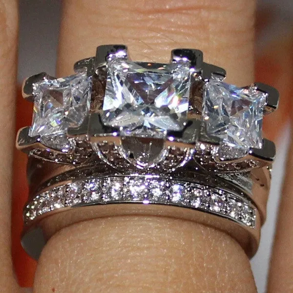 Bling Silver Square Paved Three-stone Wedding Ring Set