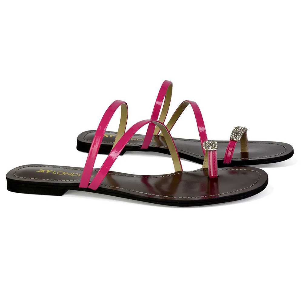 Bliss Embellished Toe Ring Strappy Slip On Flat Diamante Sandal Slides in Fuchsia