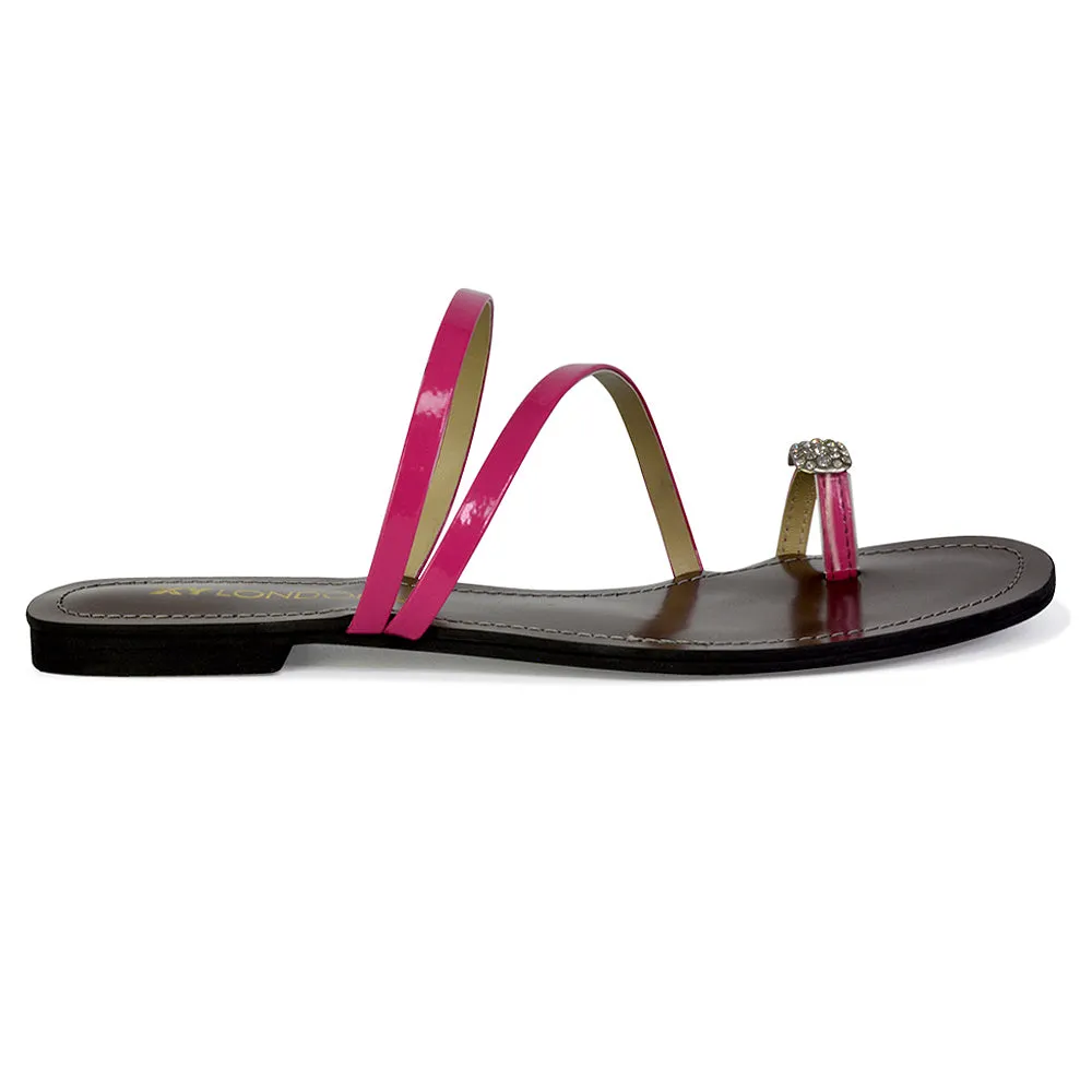 Bliss Embellished Toe Ring Strappy Slip On Flat Diamante Sandal Slides in Fuchsia