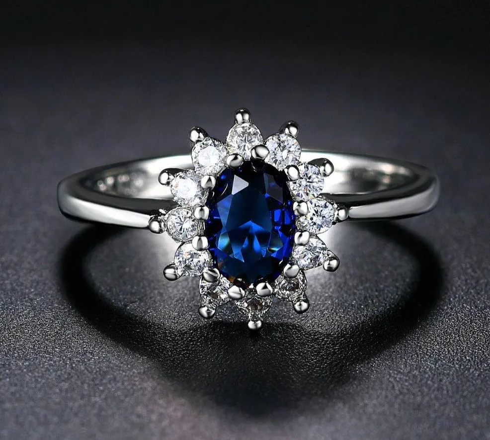 Blue Gem Created Blue Crystal Stone Silver Color Wedding Finger Ring