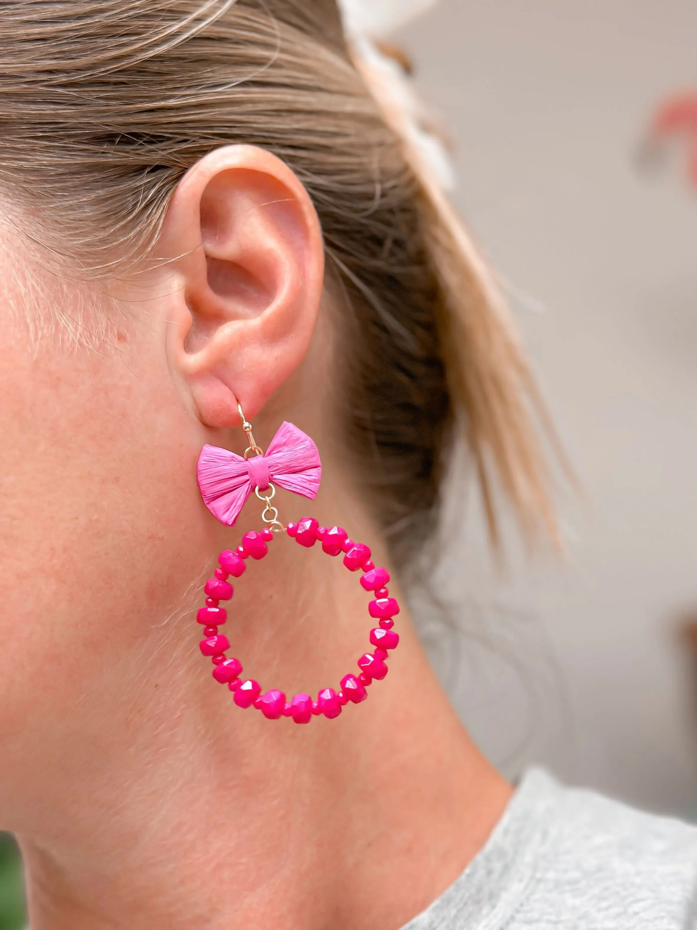 Bow Post Open Dangle Earrings - Hot Pink