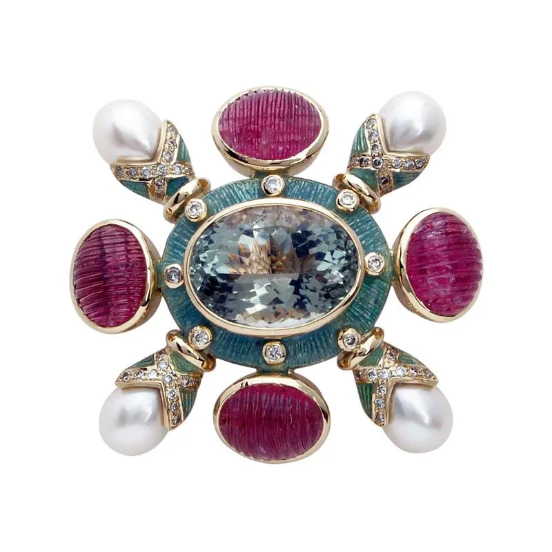 Brooch-Green Quartz, Rubellite, Pearl and Diamond (Enamel)  (1322B)