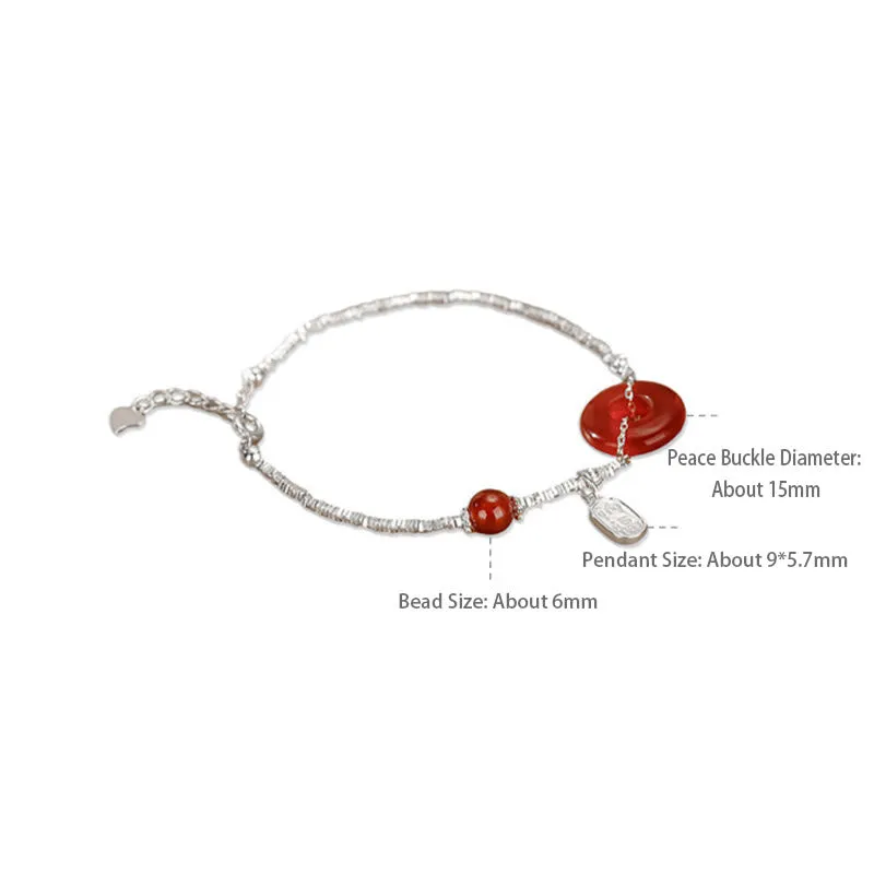 Buddha Stones 925 Sterling Silver Hetian Jade Red Agate Chalcedony Peace Buckle Fu Character Luck Bracelet