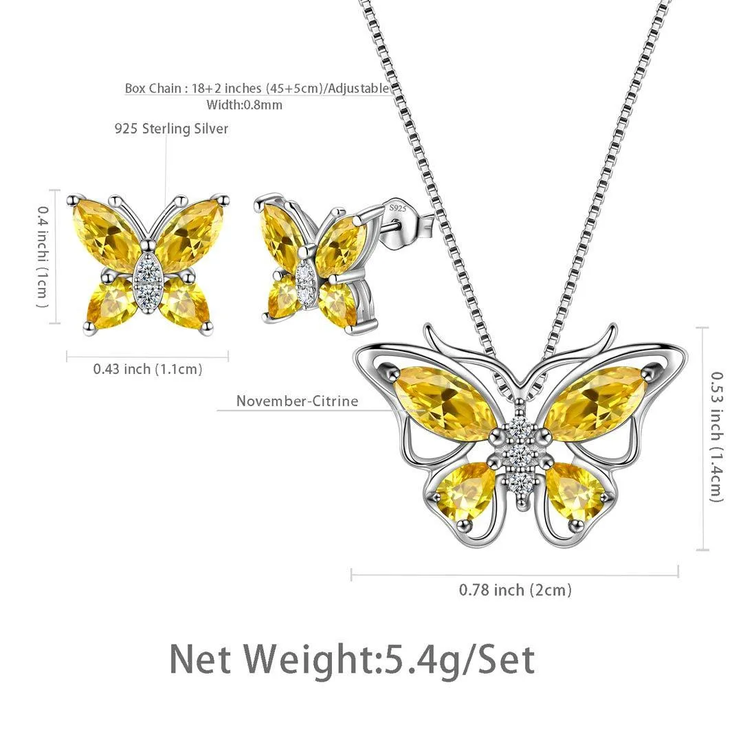 Butterfly Jewelry Set Birthstone November Citrine Women Girls Birthday Gift