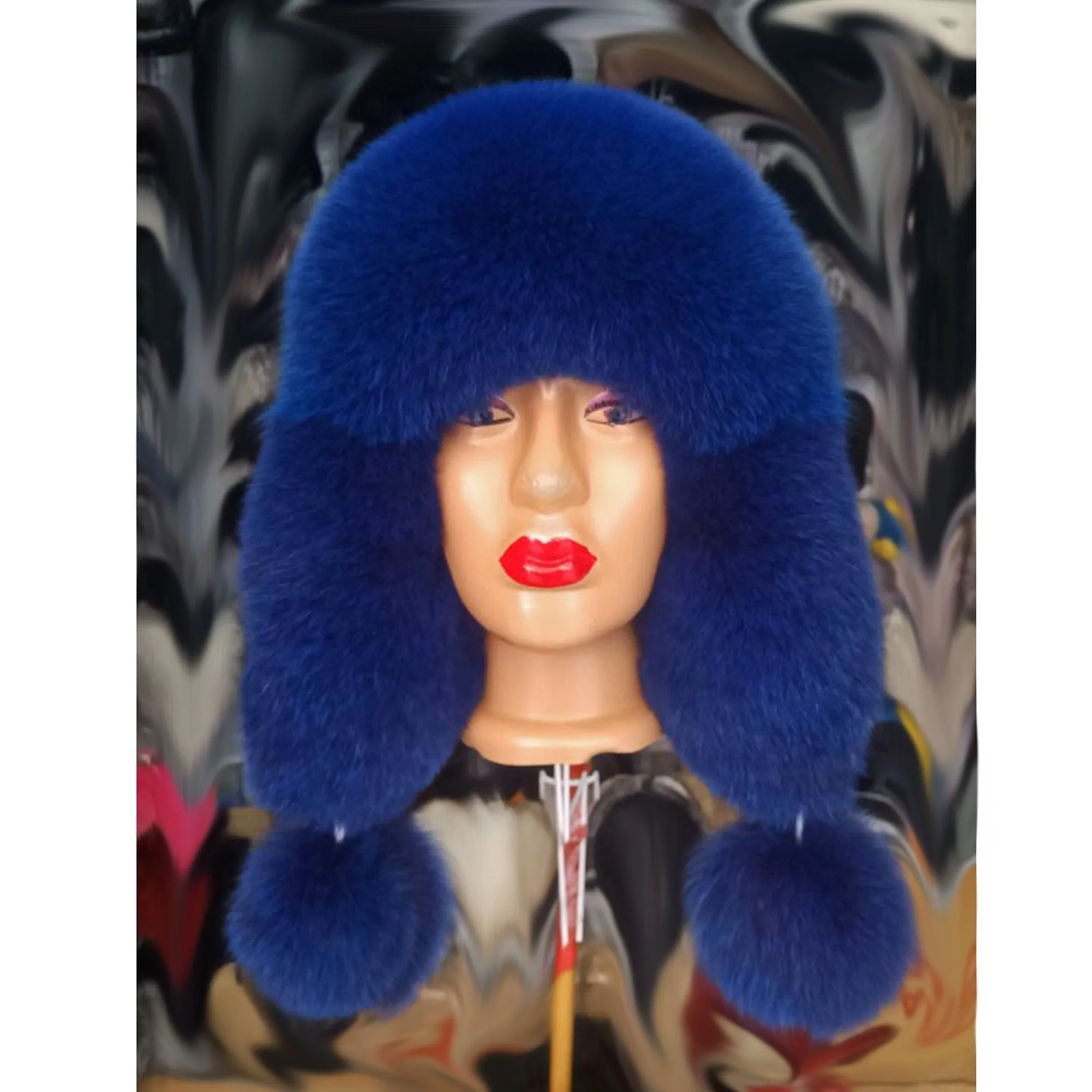 BY ORDER Women Fur Hat, Real Leather Fox Fur Hat, Aviator Hat, Ushanka, Russian Hat, Ski Hat, Leather Hat Ear Flaps, Girl Trapper Hat Blue