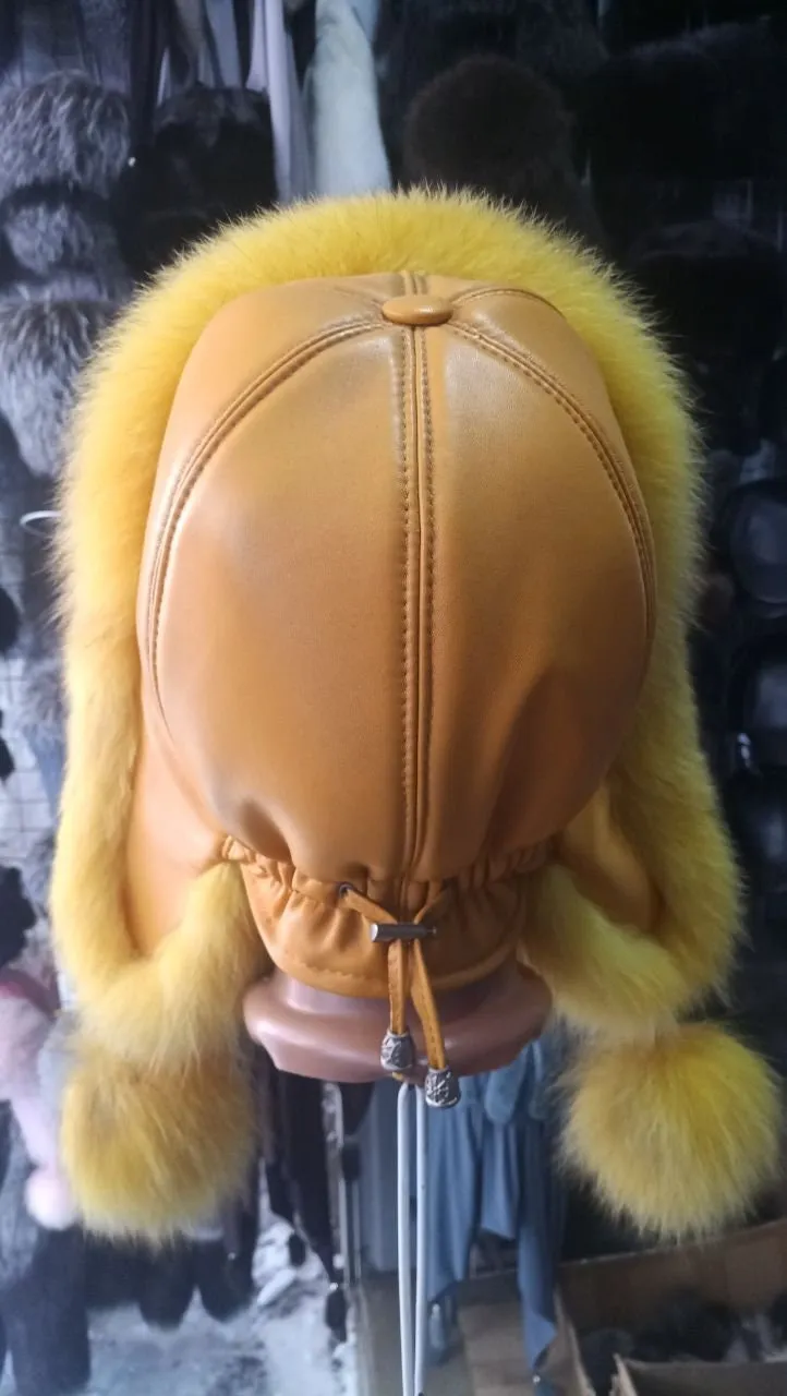 BY ORDER Women Fur Hat, Real Leather Fox Fur Hat, Aviator Hat, Ushanka, Russian Hat, Ski Hat, Leather Hat Ear Flaps, Girl Trapper Hat Blue