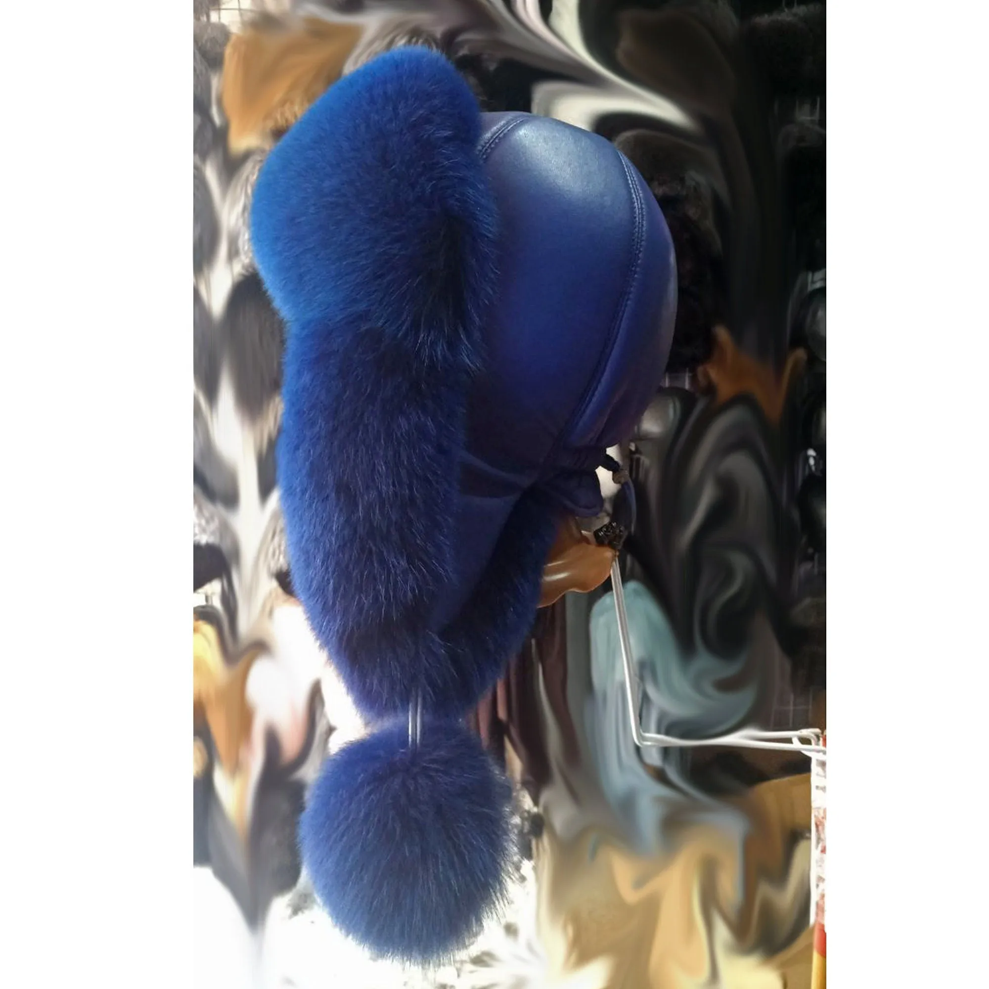 BY ORDER Women Fur Hat, Real Leather Fox Fur Hat, Aviator Hat, Ushanka, Russian Hat, Ski Hat, Leather Hat Ear Flaps, Girl Trapper Hat Blue