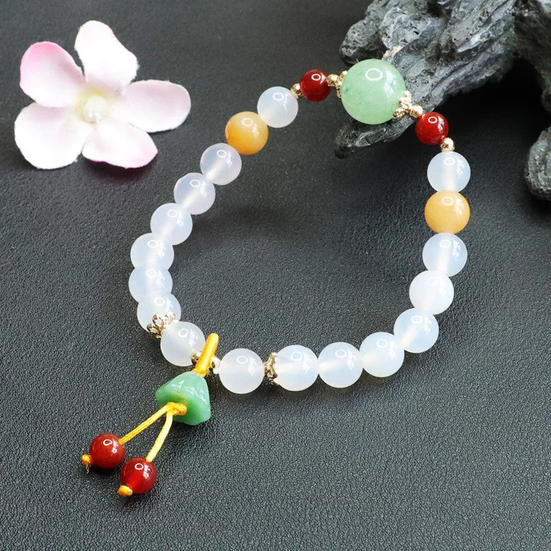 Chalcedony and Jade Lotus Seedpod Tassel Sterling Silver Bracelet