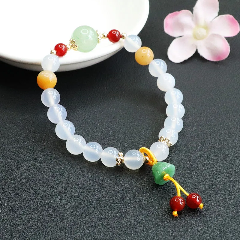 Chalcedony and Jade Lotus Seedpod Tassel Sterling Silver Bracelet