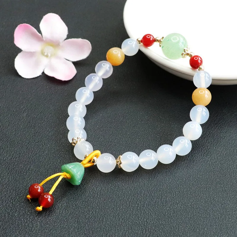 Chalcedony and Jade Lotus Seedpod Tassel Sterling Silver Bracelet