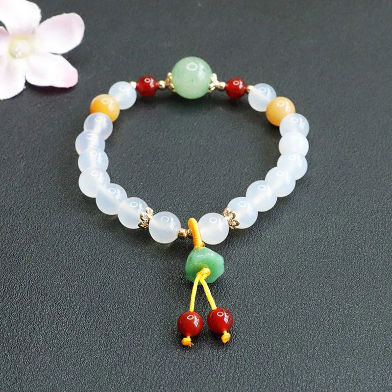 Chalcedony and Jade Lotus Seedpod Tassel Sterling Silver Bracelet