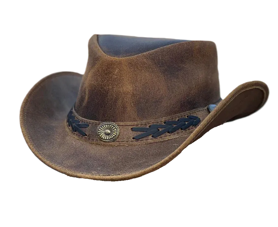 Childrens Kids Real Leather Australian Western Cowboy Tan Crazy Horse Bush Hat - Troy