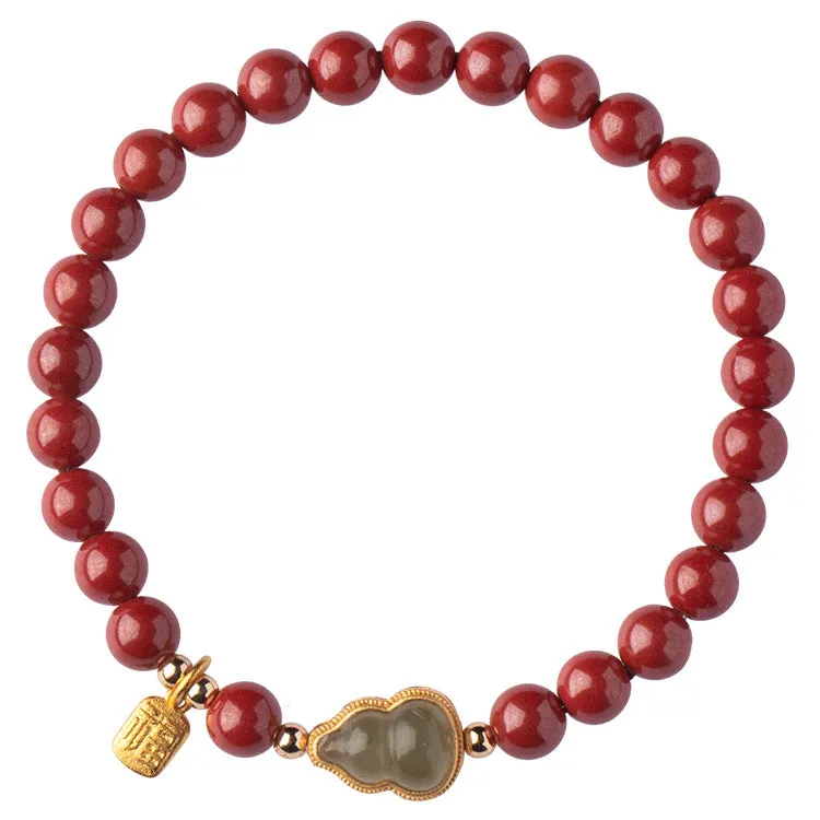 Chinese Style Cinnabar and Hotan Jade Bracelet with Gold Inlay and Fulu Beaded Zixia Jewelry