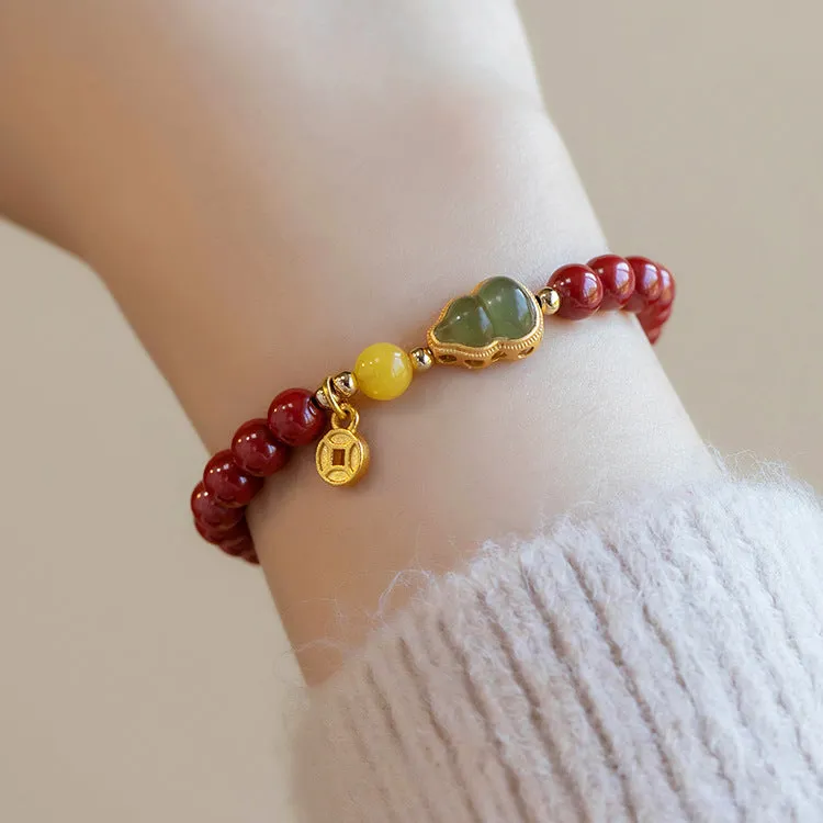 Chinese Style Cinnabar and Hotan Jade Bracelet with Gold Inlay and Fulu Beaded Zixia Jewelry