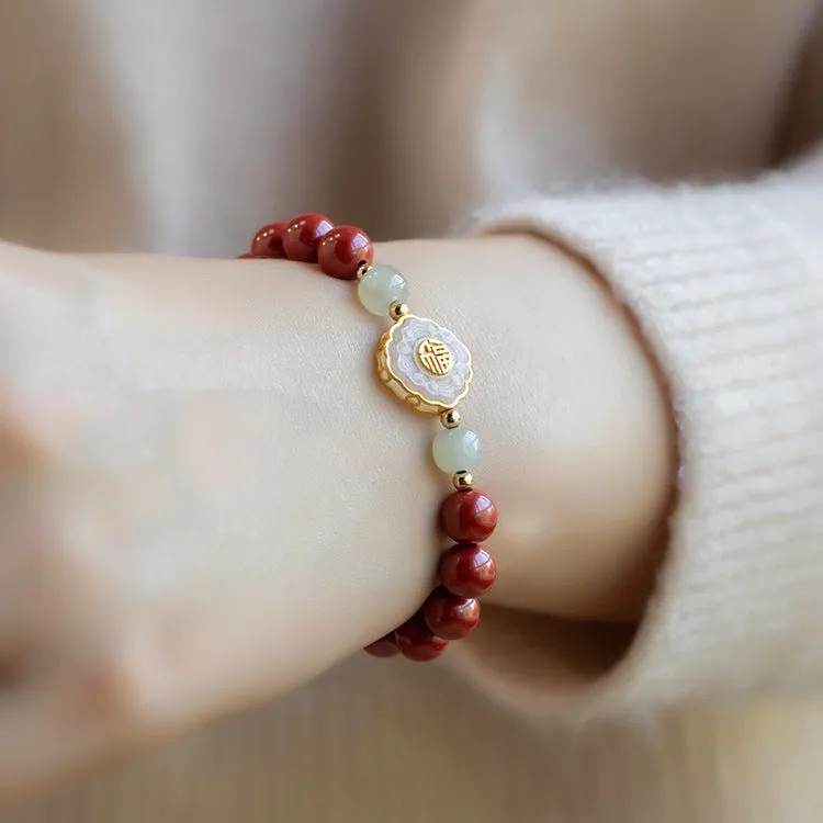 Chinese Style Cinnabar and Hotan Jade Bracelet with Gold Inlay and Fulu Beaded Zixia Jewelry