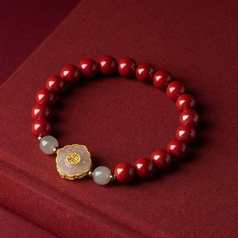 Chinese Style Cinnabar and Hotan Jade Bracelet with Gold Inlay and Fulu Beaded Zixia Jewelry