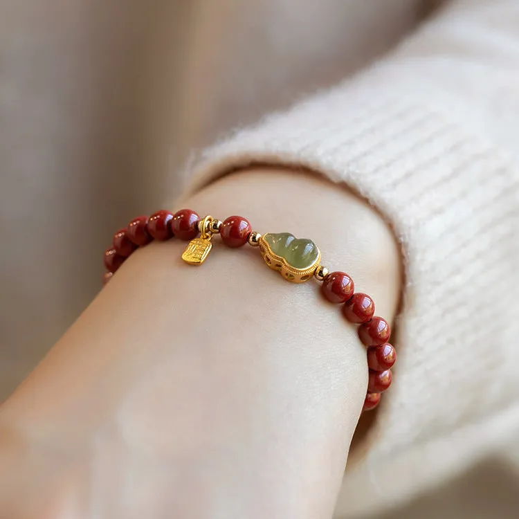 Chinese Style Cinnabar and Hotan Jade Bracelet with Gold Inlay and Fulu Beaded Zixia Jewelry