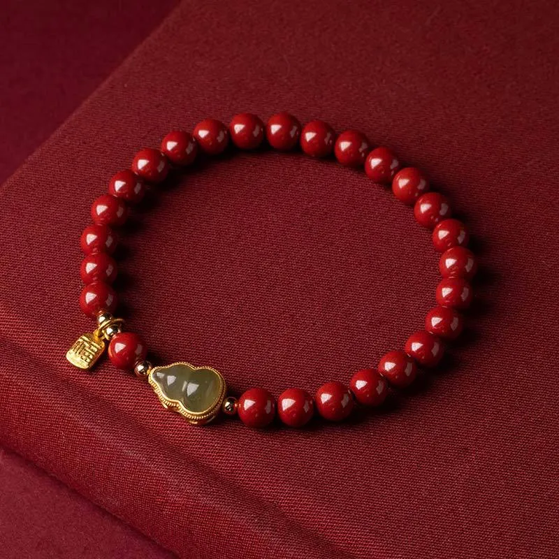 Chinese Style Cinnabar and Hotan Jade Bracelet with Gold Inlay and Fulu Beaded Zixia Jewelry