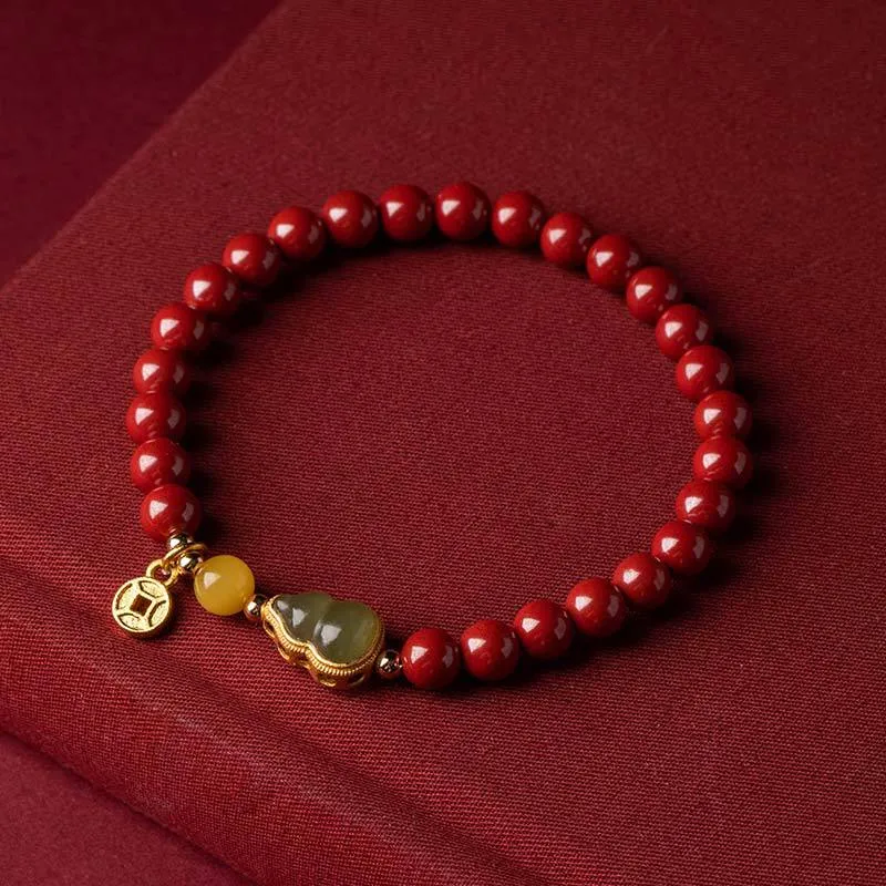 Chinese Style Cinnabar and Hotan Jade Bracelet with Gold Inlay and Fulu Beaded Zixia Jewelry