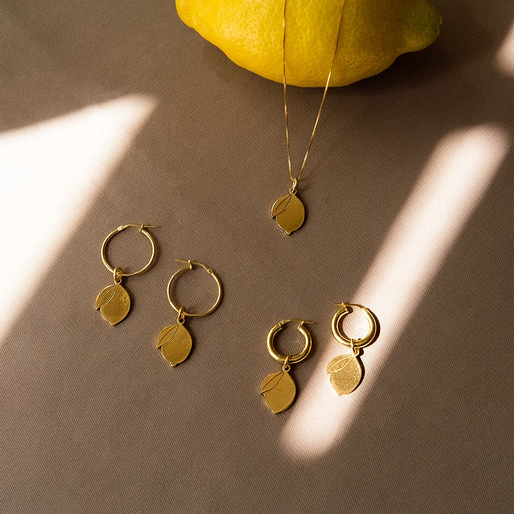 Chunky Hoop Earrings with Double Lemon Pendant - Gold-Plated Silver