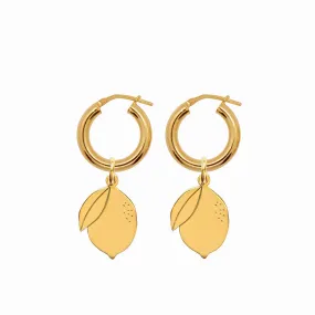 Chunky Hoop Earrings with Double Lemon Pendant - Gold-Plated Silver