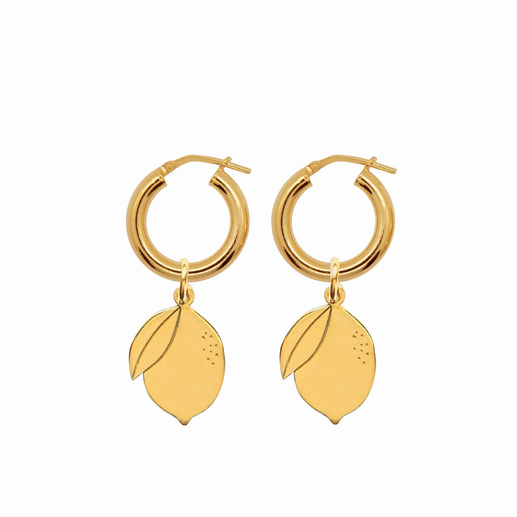 Chunky Hoop Earrings with Double Lemon Pendant - Gold-Plated Silver