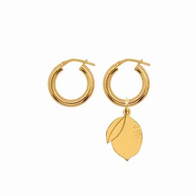 Chunky Hoop Earrings with Lemon Pendant - Gold-Plated Silver