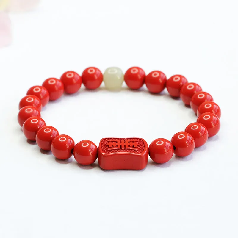 Cinnabar Red Sand Tai Sui Hand String Bracelet with Hotan Jade