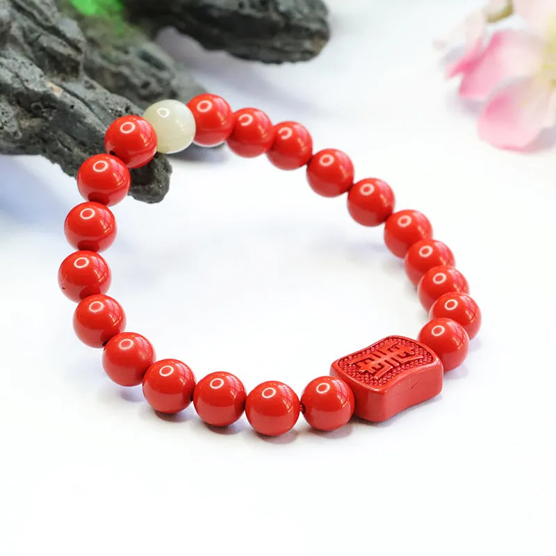 Cinnabar Red Sand Tai Sui Hand String Bracelet with Hotan Jade