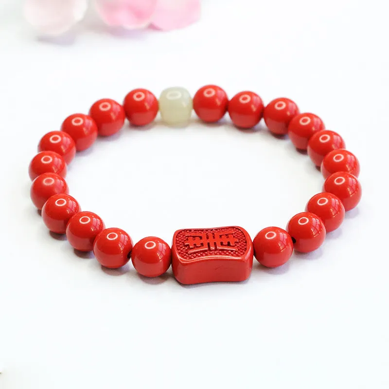 Cinnabar Red Sand Tai Sui Hand String Bracelet with Hotan Jade