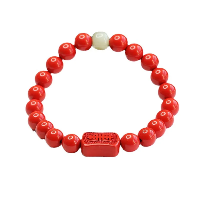 Cinnabar Red Sand Tai Sui Hand String Bracelet with Hotan Jade