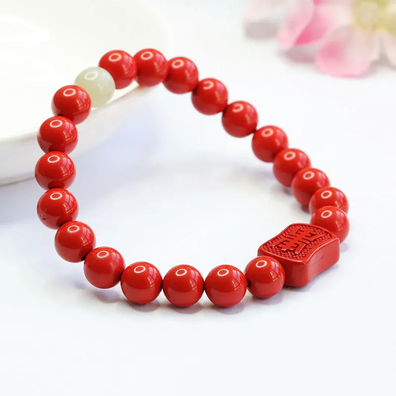 Cinnabar Red Sand Tai Sui Hand String Bracelet with Hotan Jade