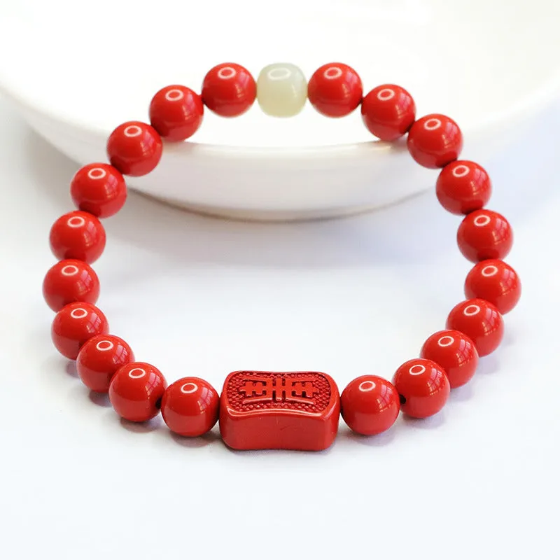 Cinnabar Red Sand Tai Sui Hand String Bracelet with Hotan Jade