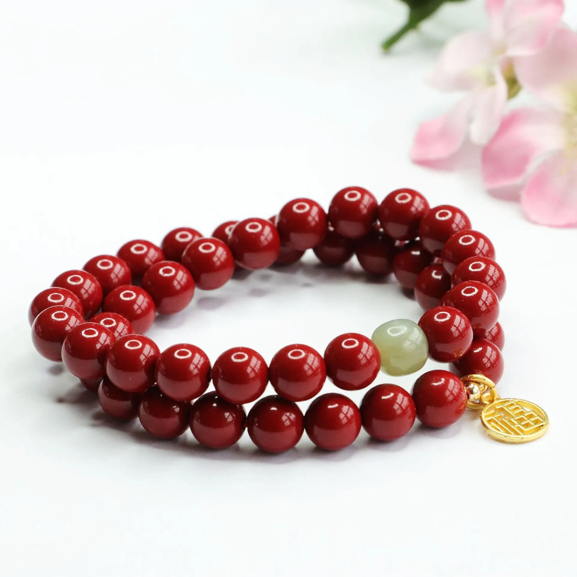 Cinnabar Stone and Jade Rosary Bracelet with Sterling Silver Details