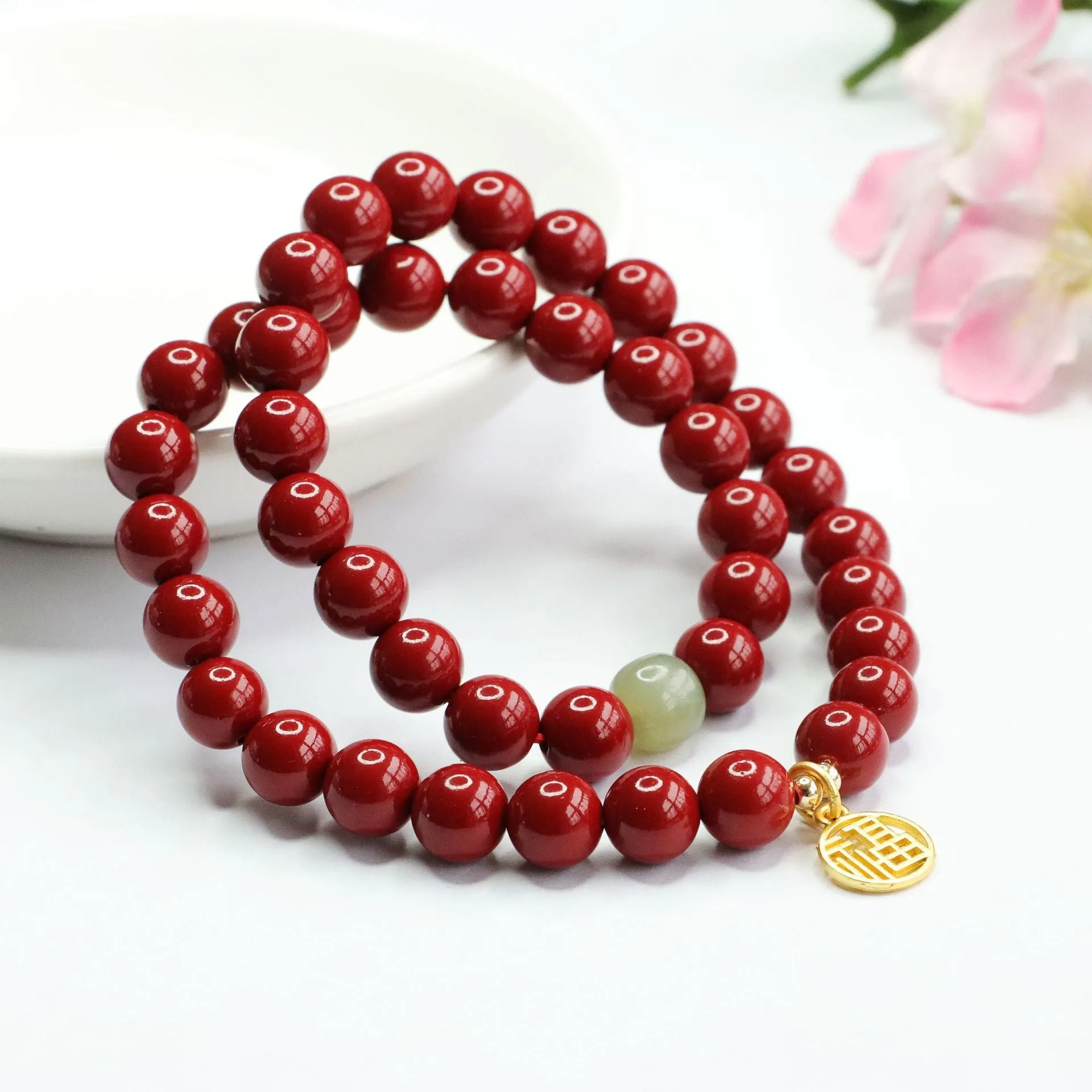 Cinnabar Stone and Jade Rosary Bracelet with Sterling Silver Details