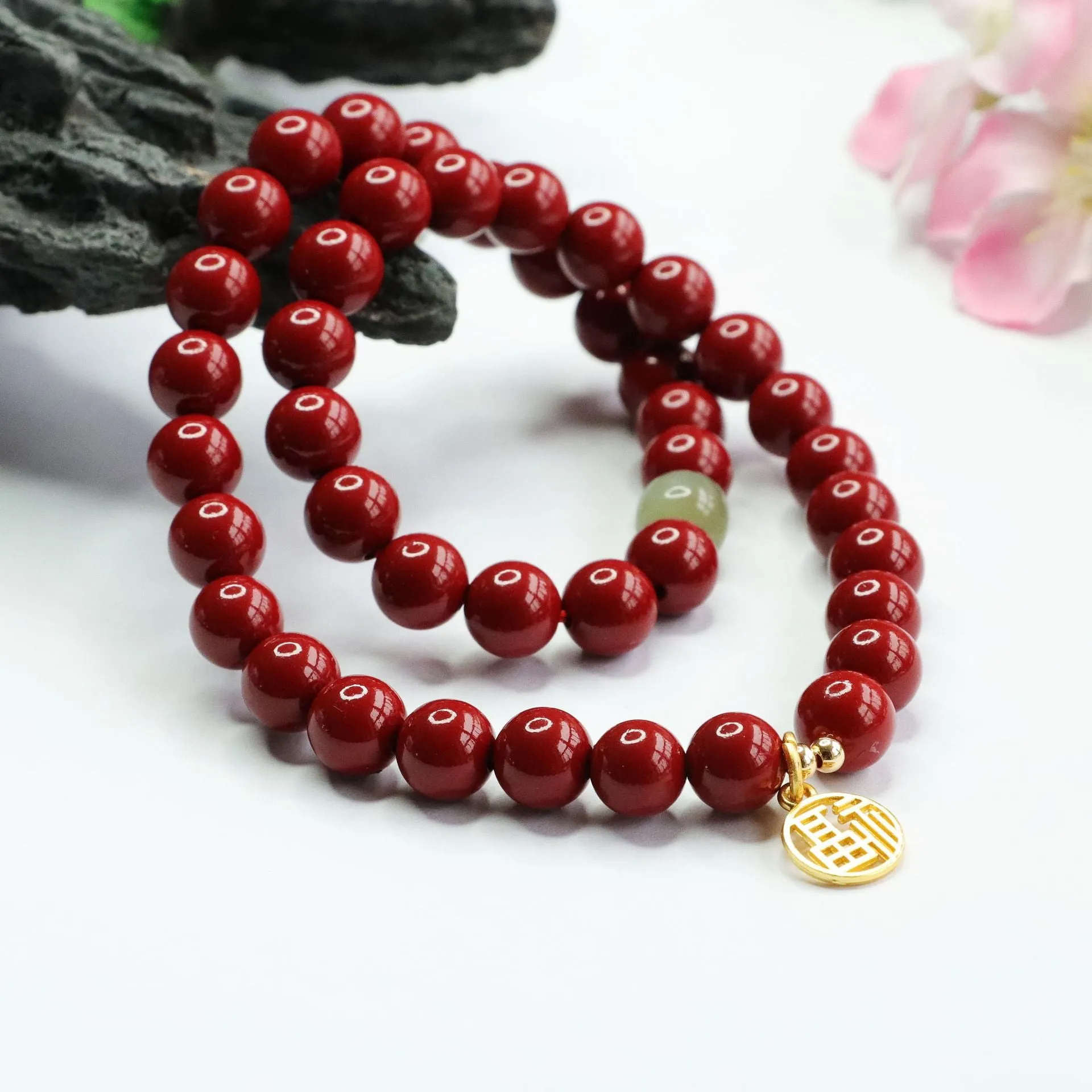 Cinnabar Stone and Jade Rosary Bracelet with Sterling Silver Details