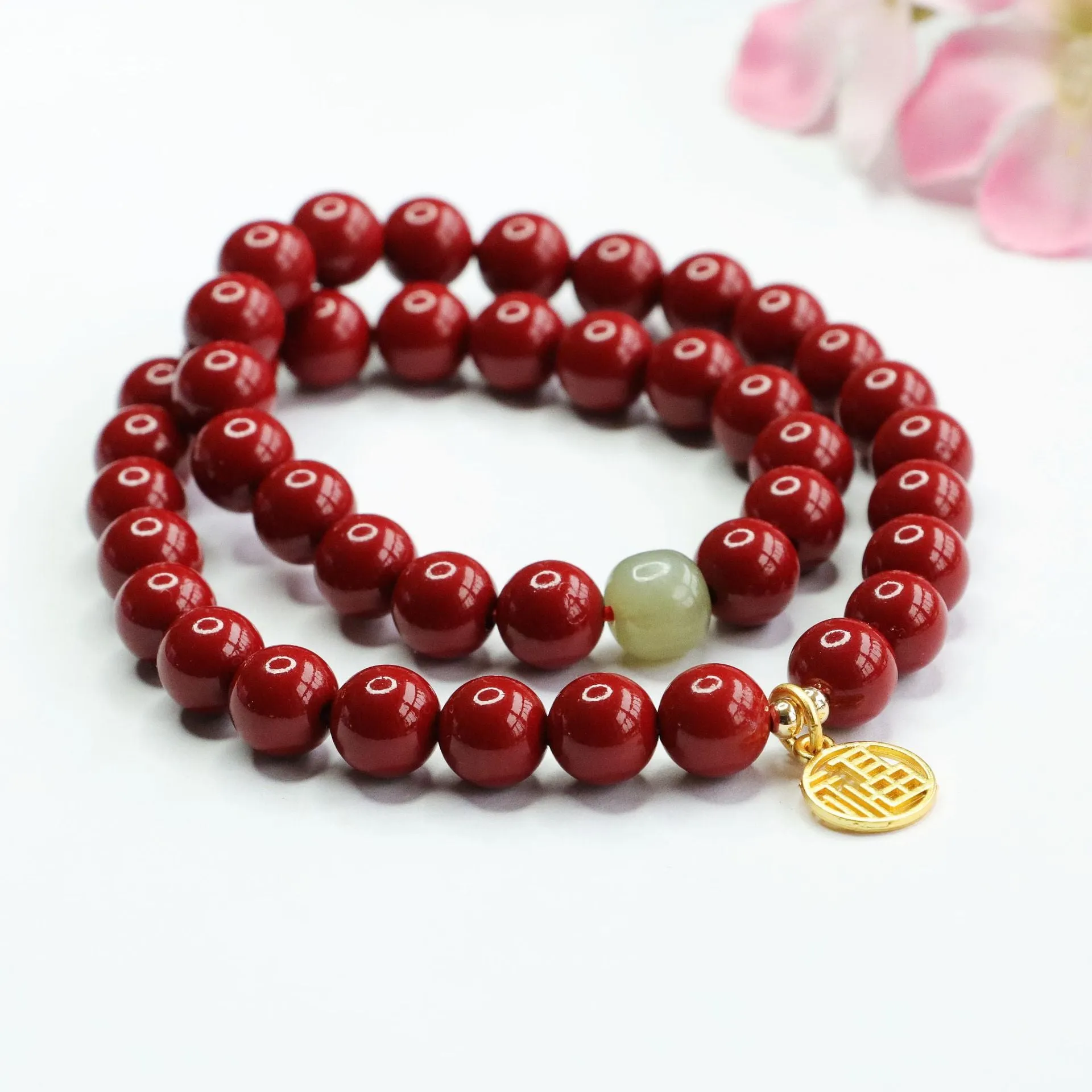 Cinnabar Stone and Jade Rosary Bracelet with Sterling Silver Details