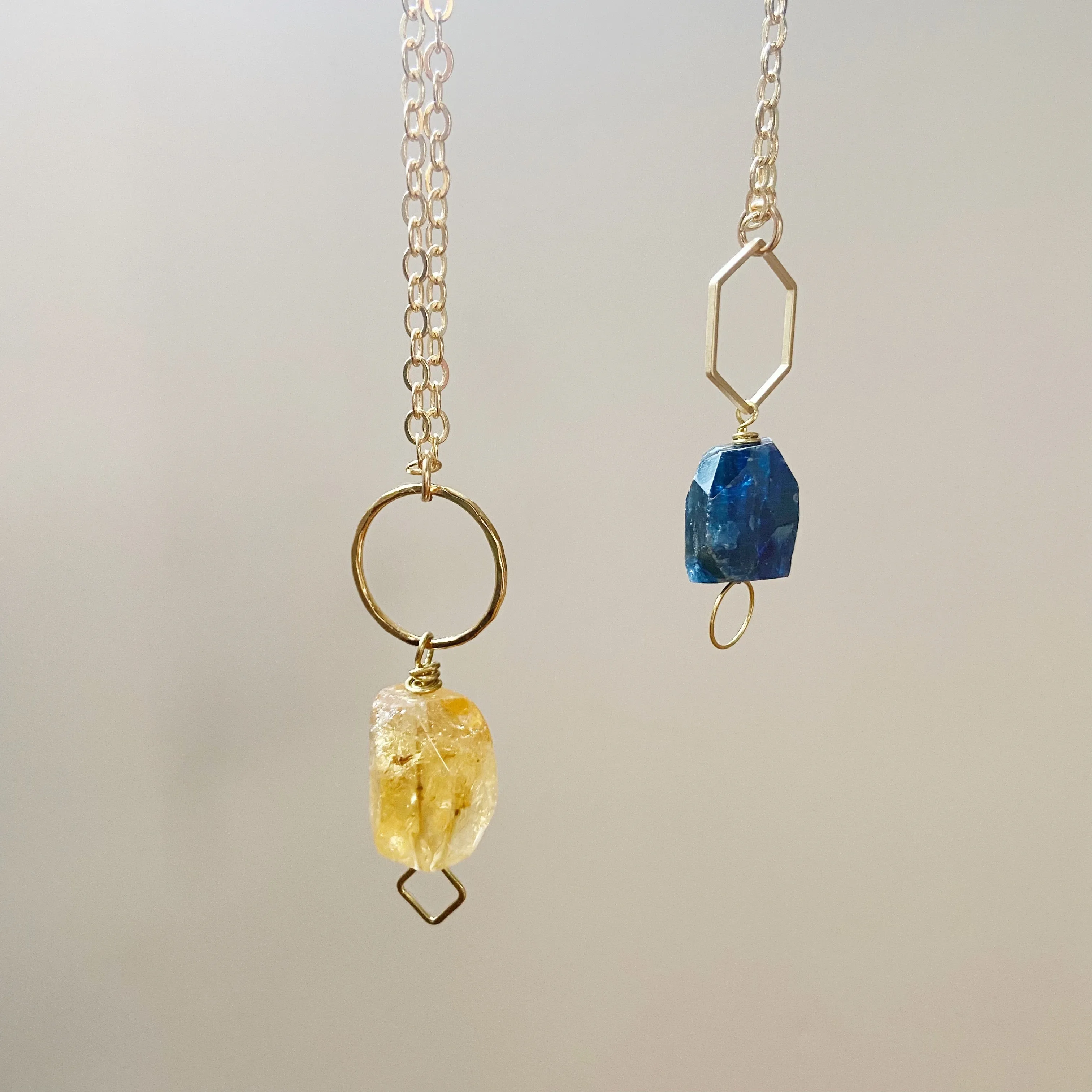 Citrine or Kyanite Nugget Geometric Pendant in Gold, (27 inches)