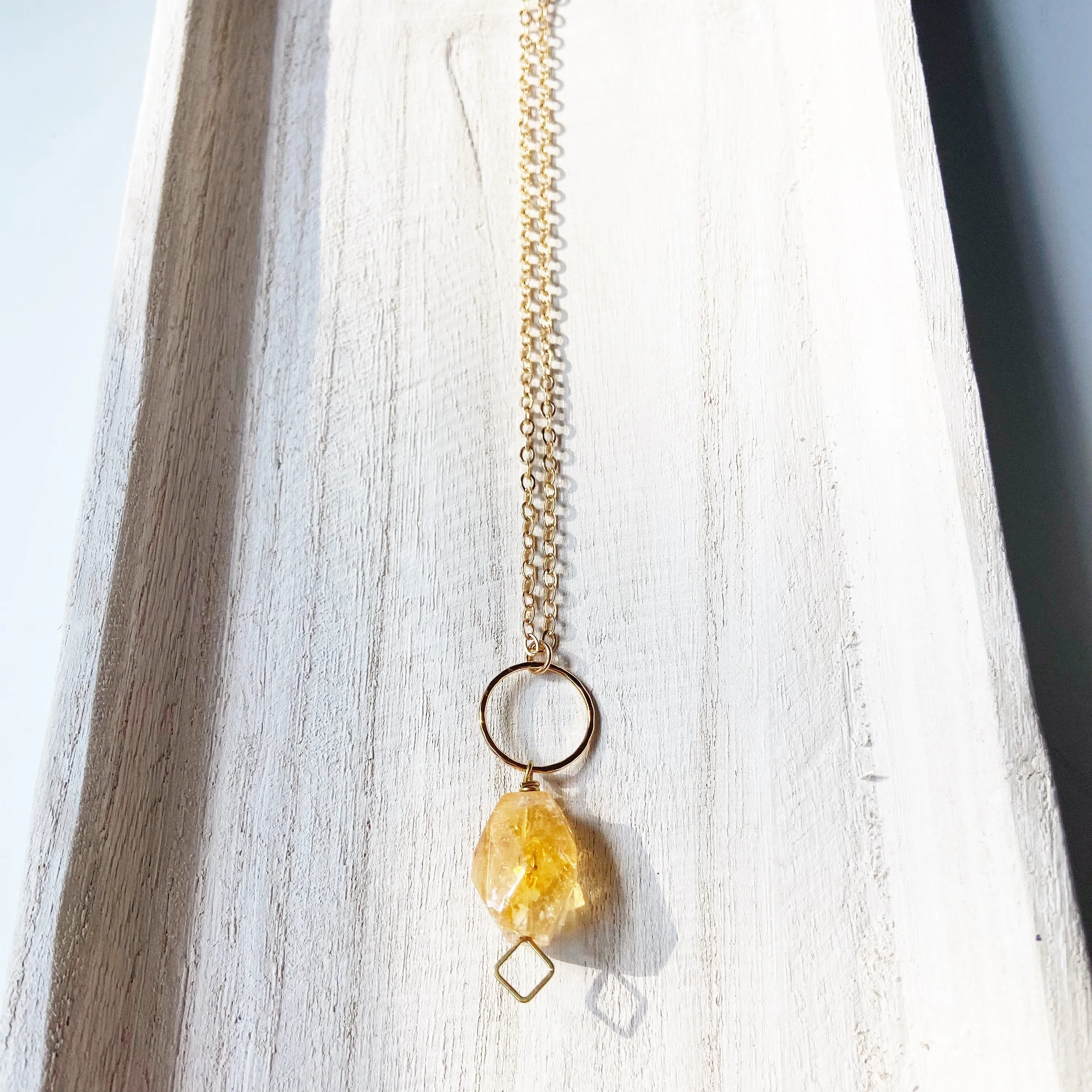 Citrine or Kyanite Nugget Geometric Pendant in Gold, (27 inches)