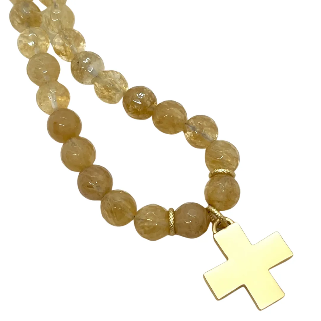 Citrine Quartz And Matte Gold Cross Necklace