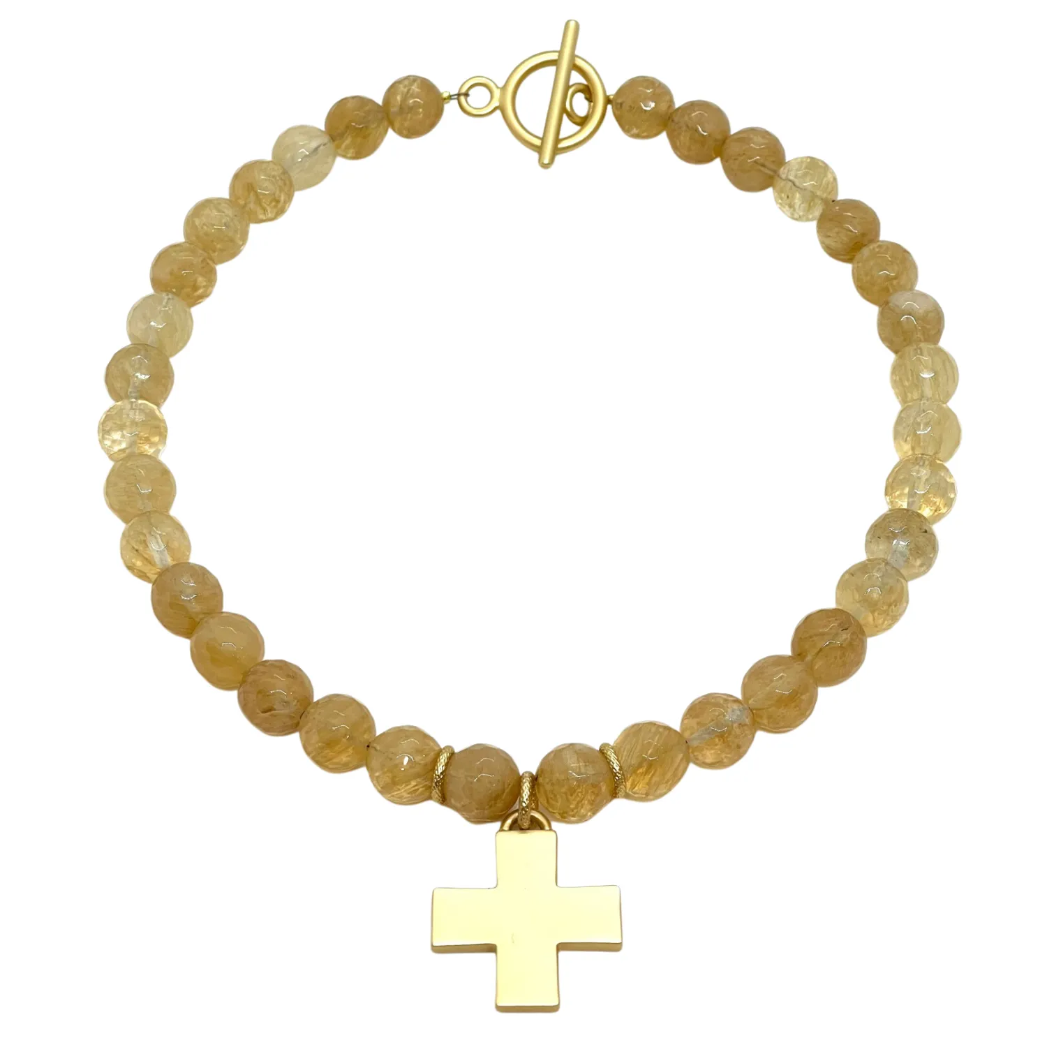 Citrine Quartz And Matte Gold Cross Necklace