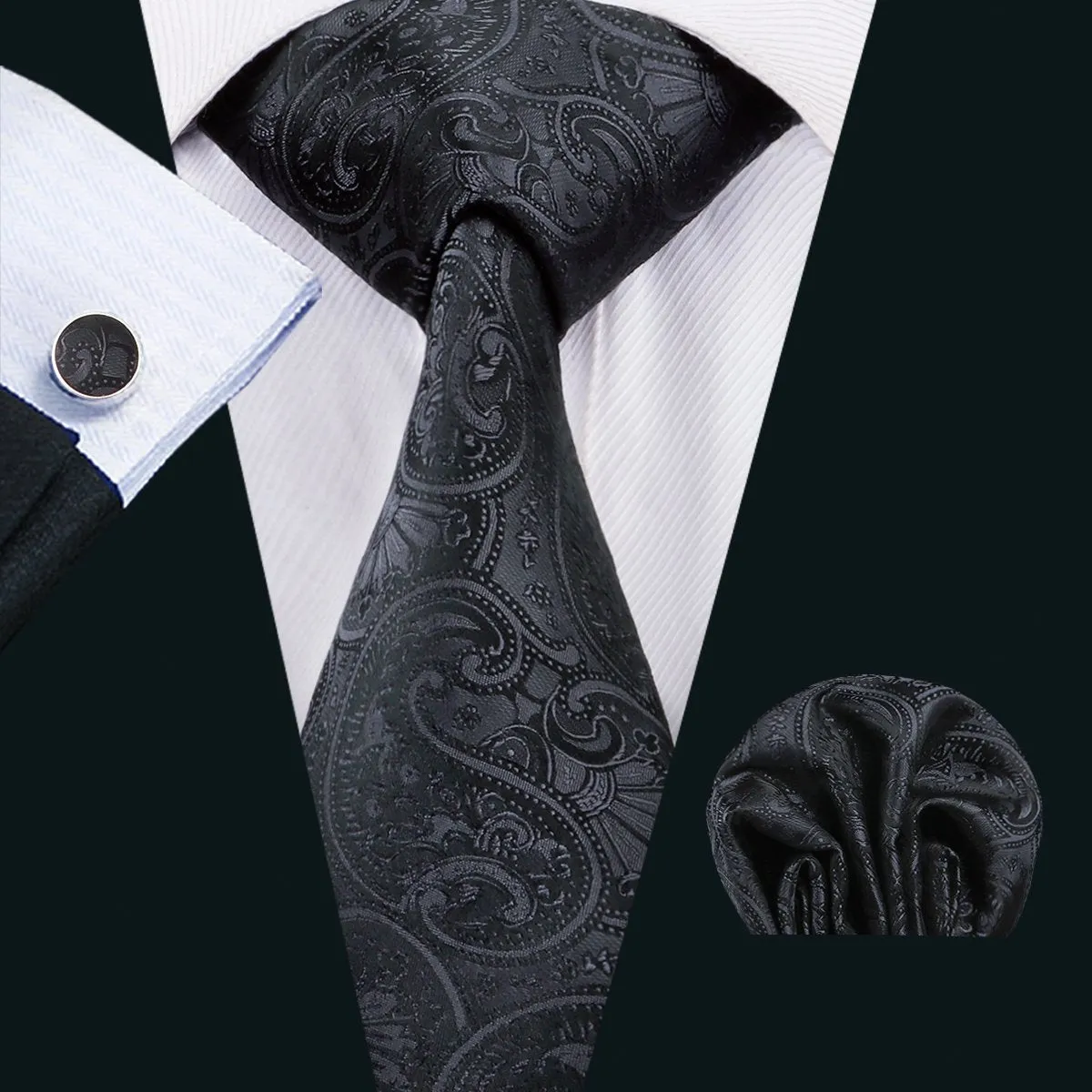 Classic Black Floral Silk Men's Tie Hanky Cufflinks Set with Brooch