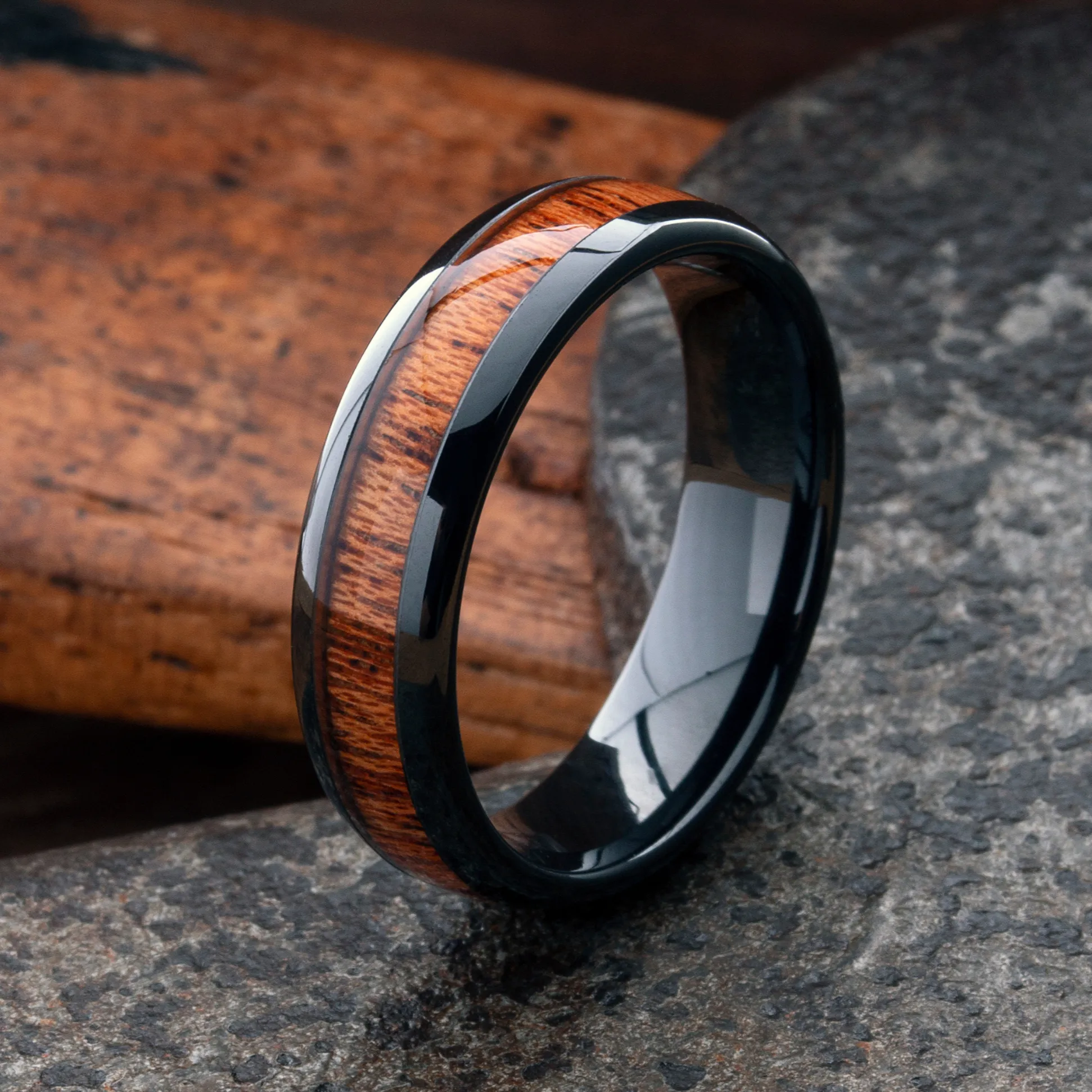 Classic Black - Polished Zirconium Wooden Ring (6mm Width)