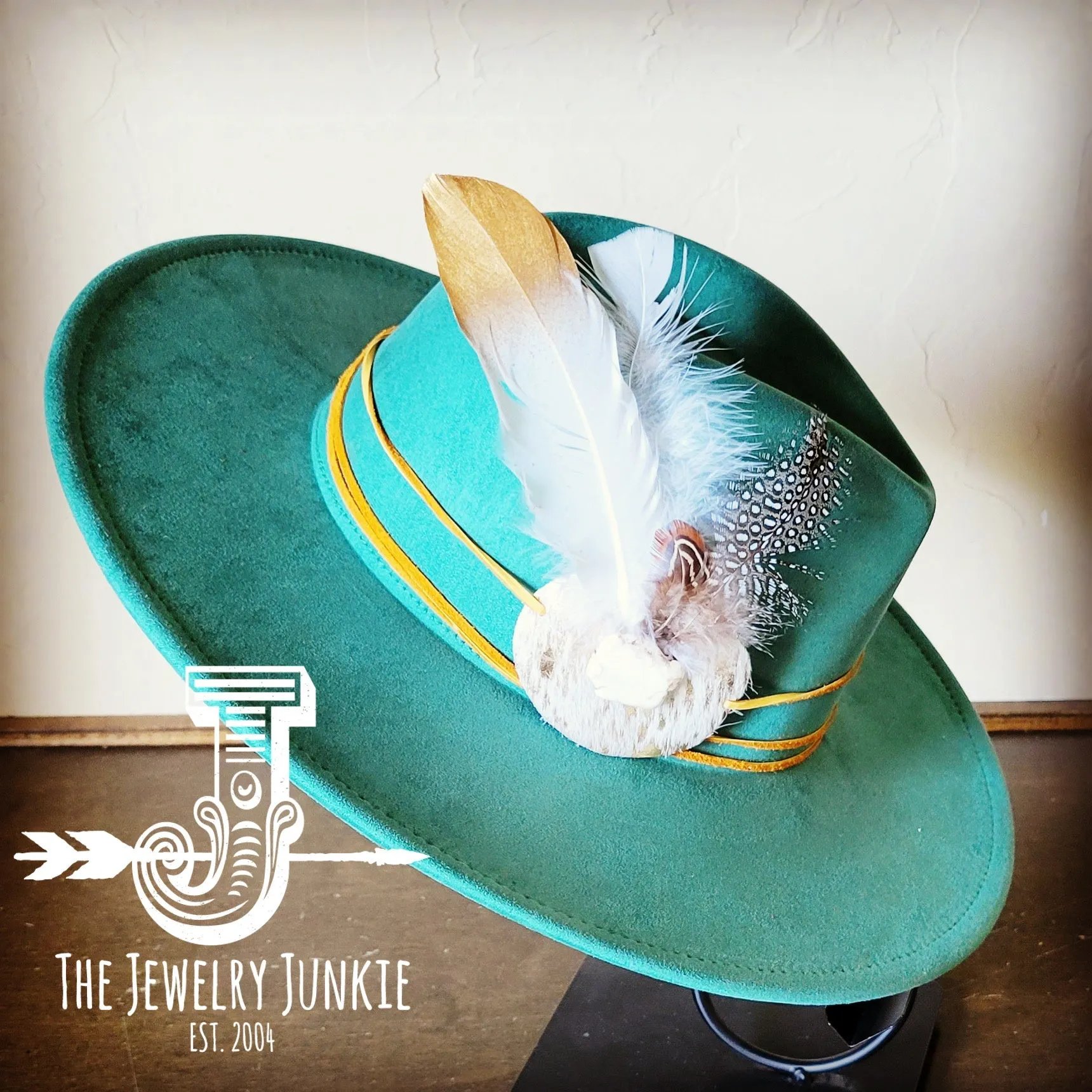 Cream Metallic Feather & Turquoise Slab Hat Band   Choice of Hat 986c