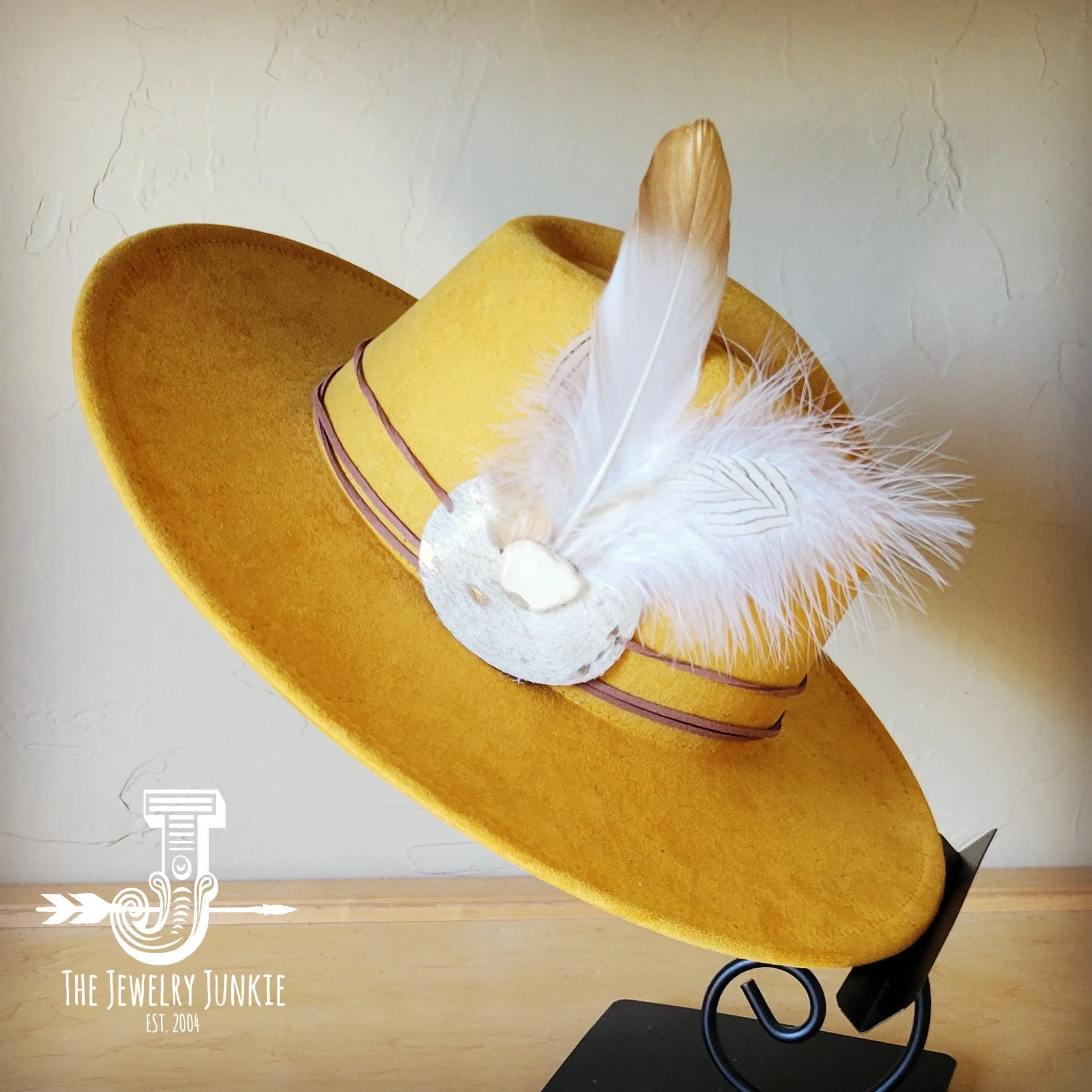 Cream Metallic Feather & Turquoise Slab Hat Band   Choice of Hat 986c