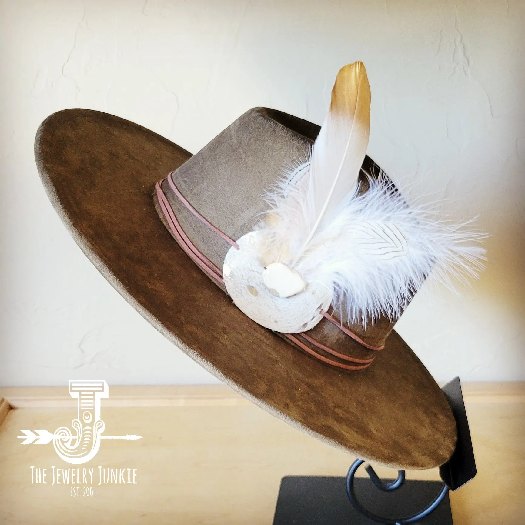 Cream Metallic Feather & Turquoise Slab Hat Band   Choice of Hat 986c