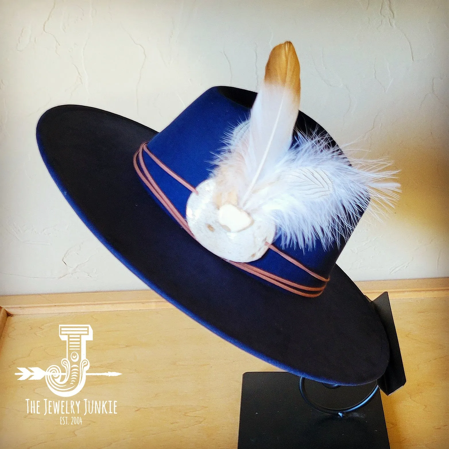 Cream Metallic Feather & Turquoise Slab Hat Band   Choice of Hat 986c