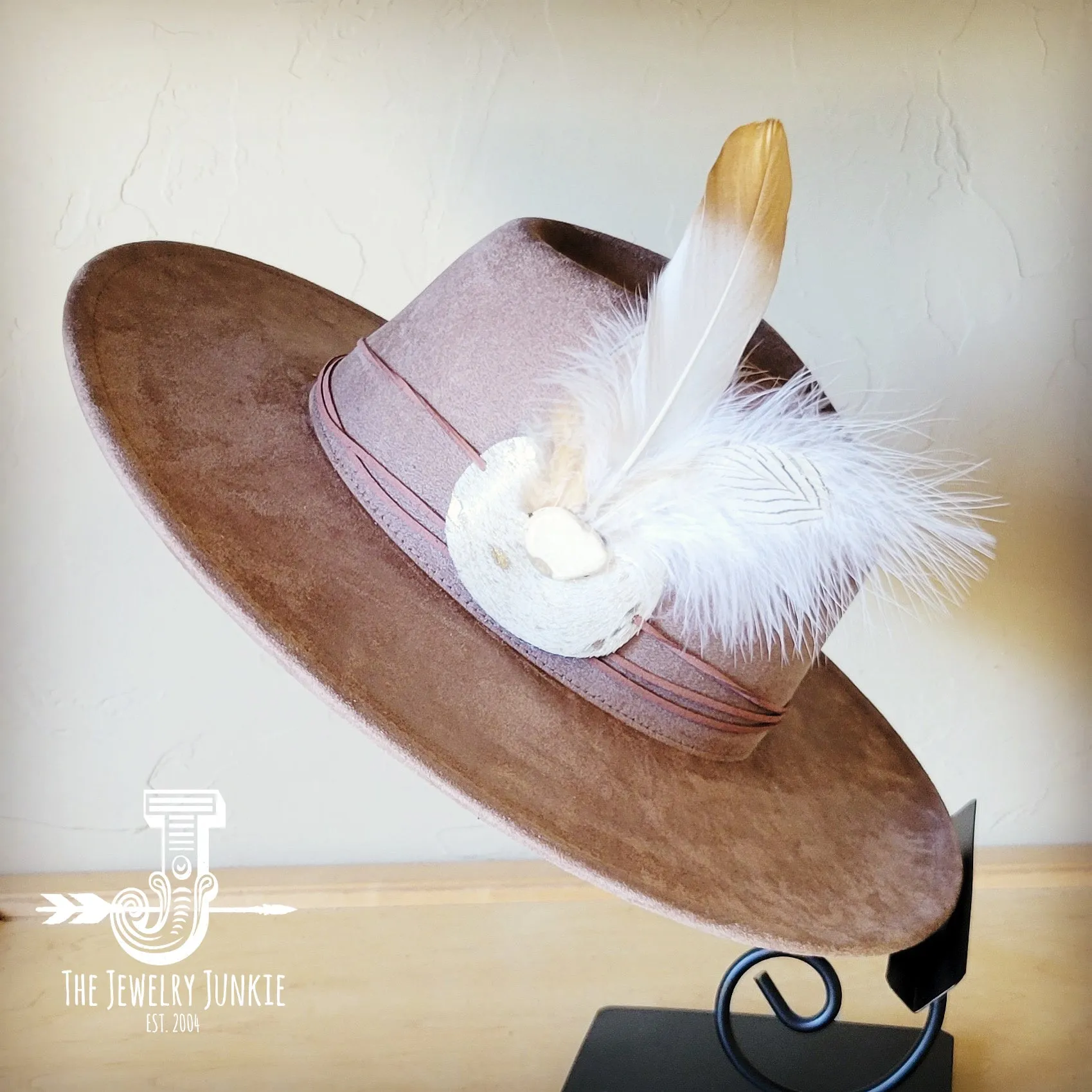 Cream Metallic Feather & Turquoise Slab Hat Band   Choice of Hat 986c